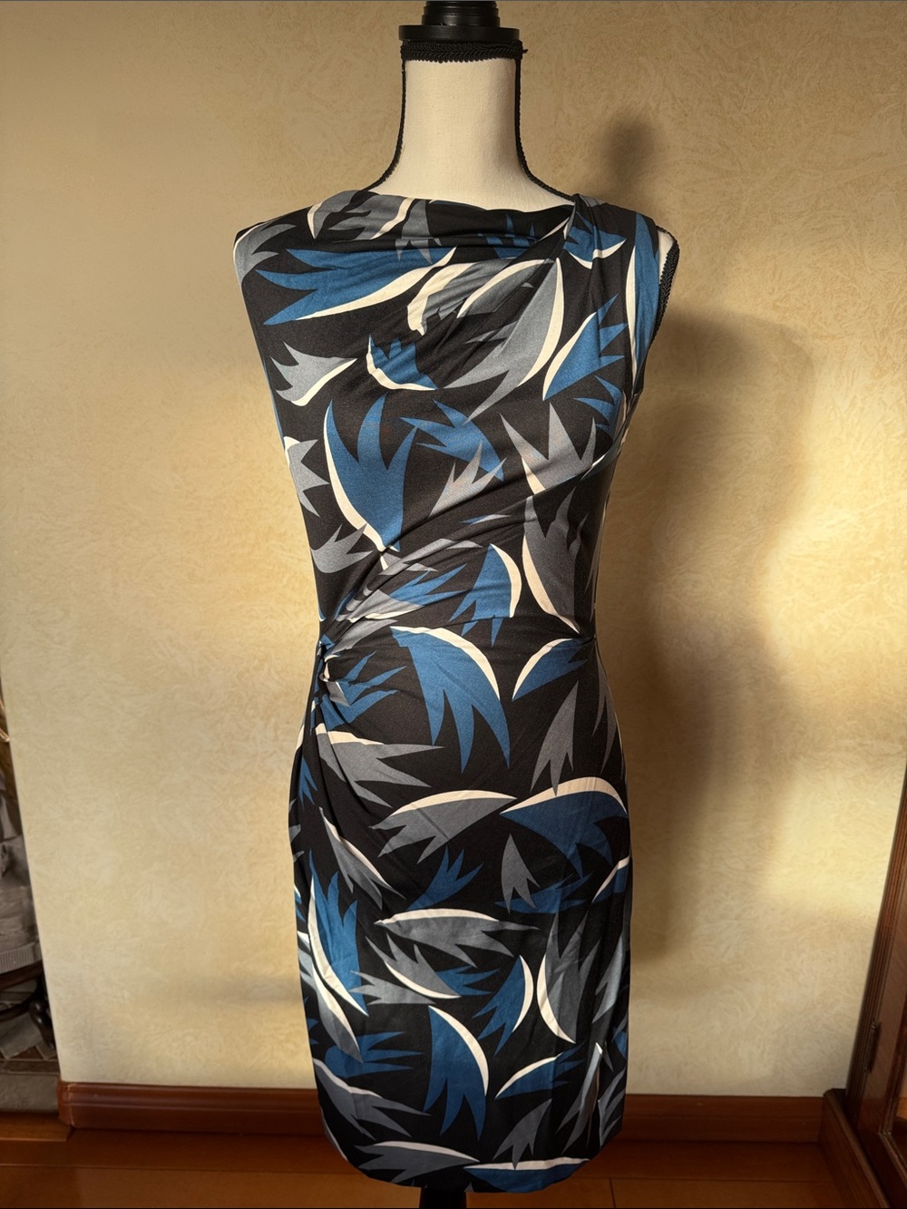Diane Von Furstenberg Black Blue and White Printed Draped Midi Dress